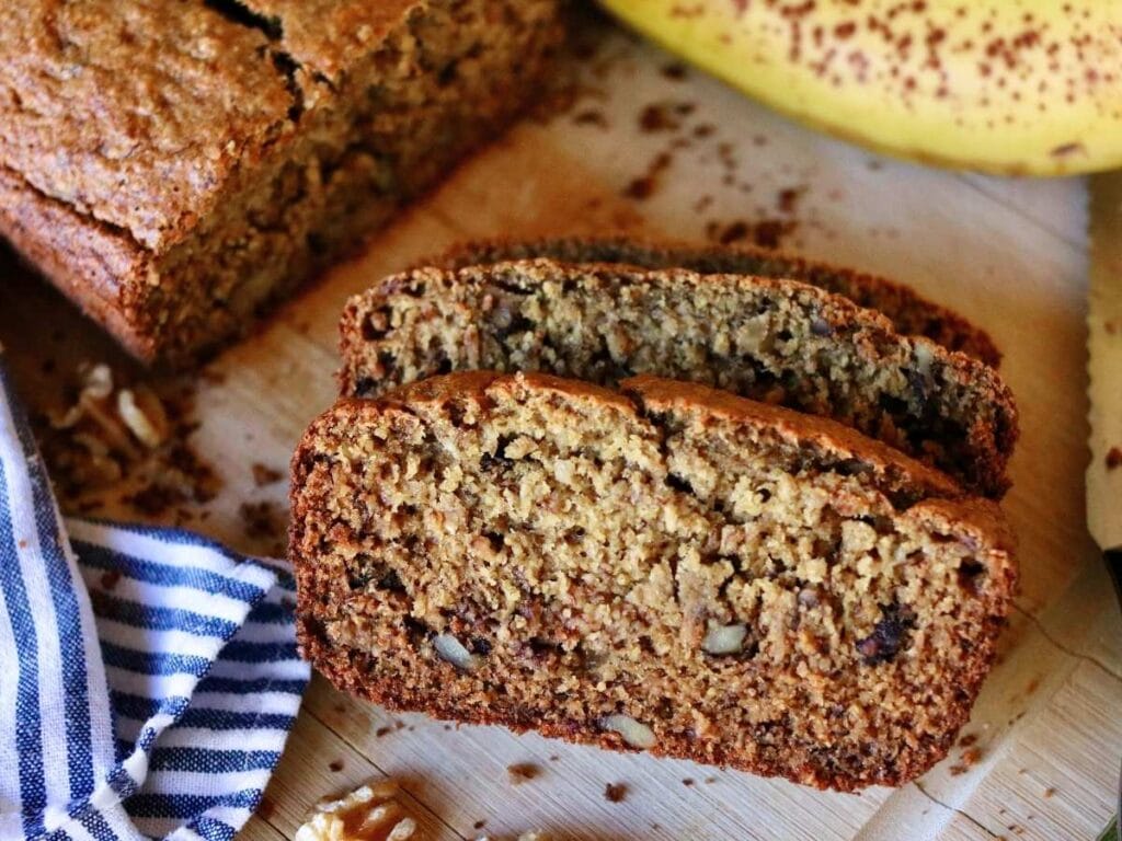 Two slices of oat flour banana bread.