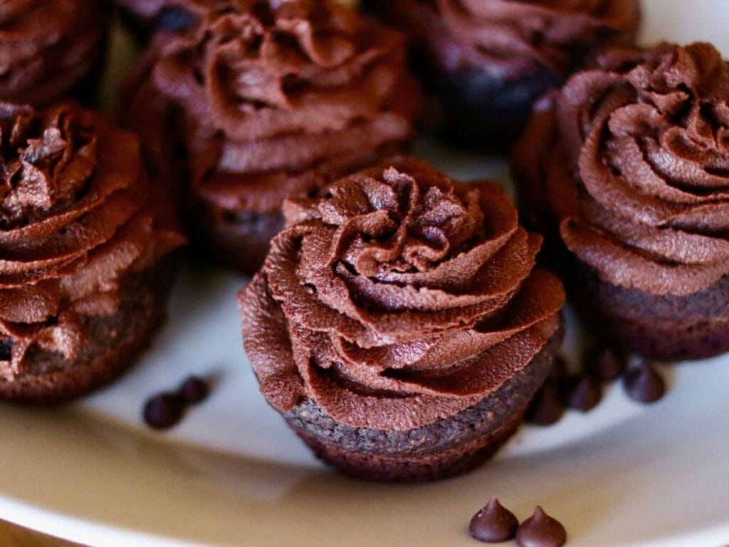 Chocolate cupcakes with vegan frosting.