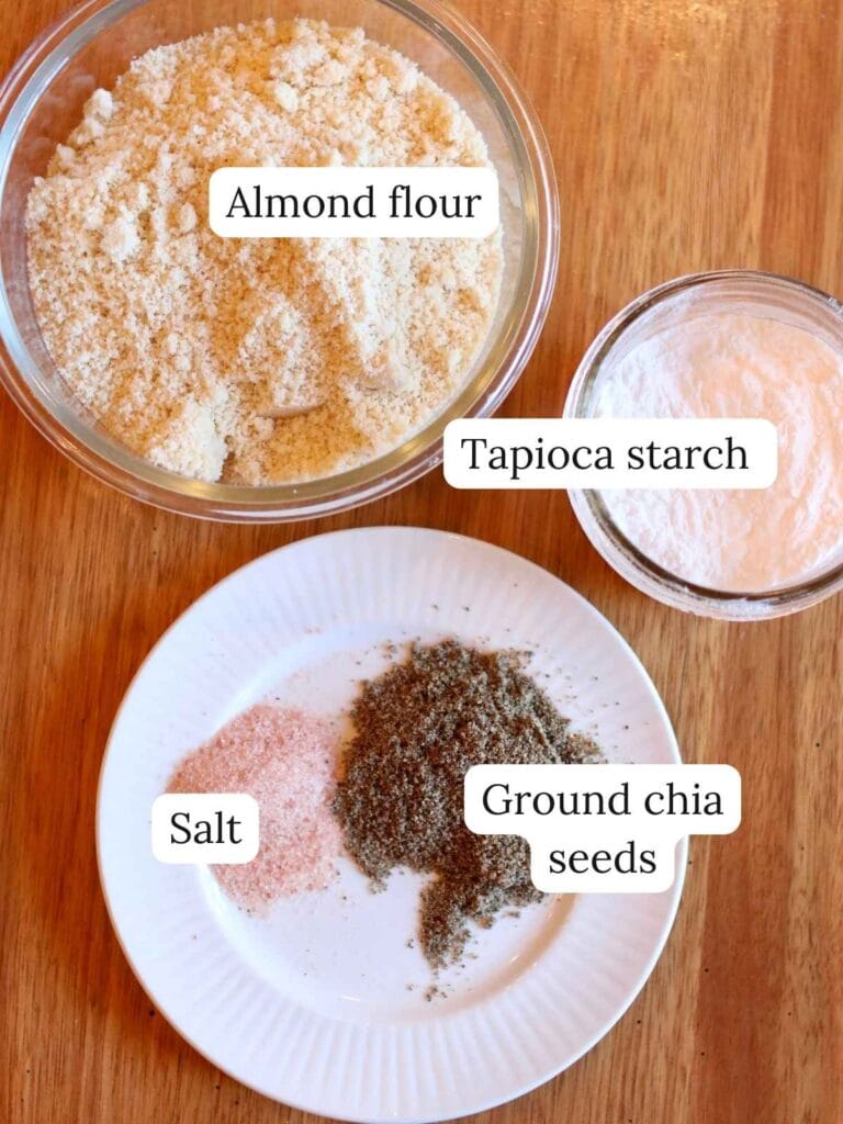 Ingredients for almond flour tortillas including almond flour, tapioca starch, salt, and ground chia seeds.