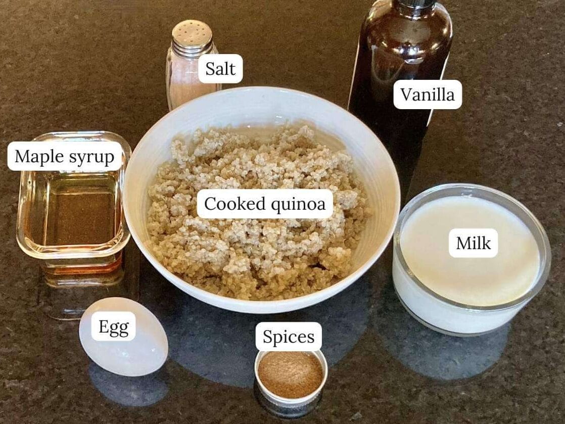Ingredients for leftover quinoa pudding on a counter.