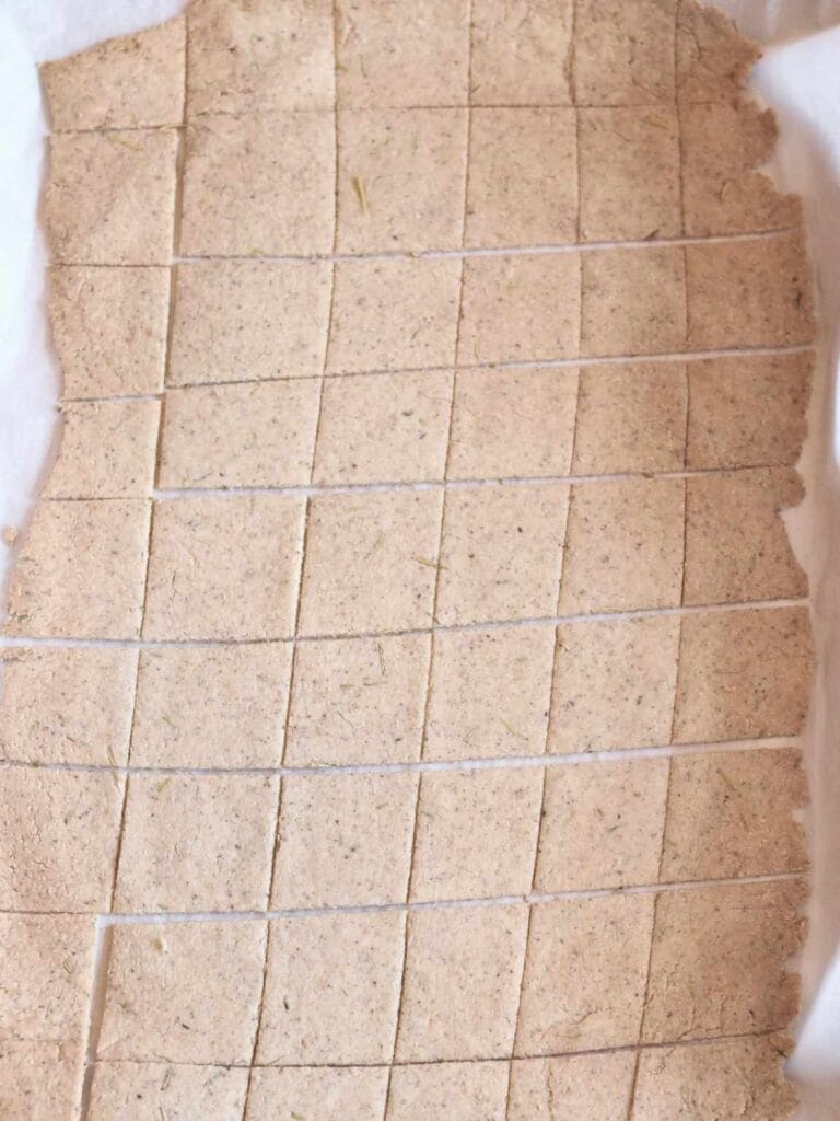 Baked almond flour crackers on parchment paper on baking sheet.
