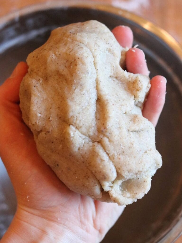Hand holding clump of almond flour tortilla dough.