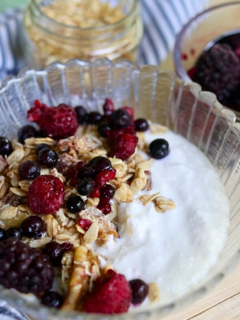 Bowl of coconut yogurt with homemade granola and berries.