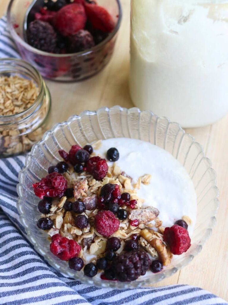Bowl of coconut yogurt topped with granola and berries.