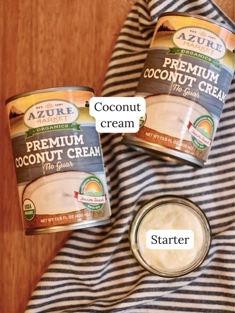 Ingredients for coconut yogurt including canned coconut cream and starter.