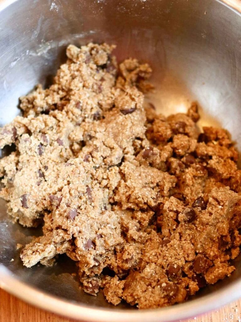 Oat flour chocolate chip cookie dough in a bowl.