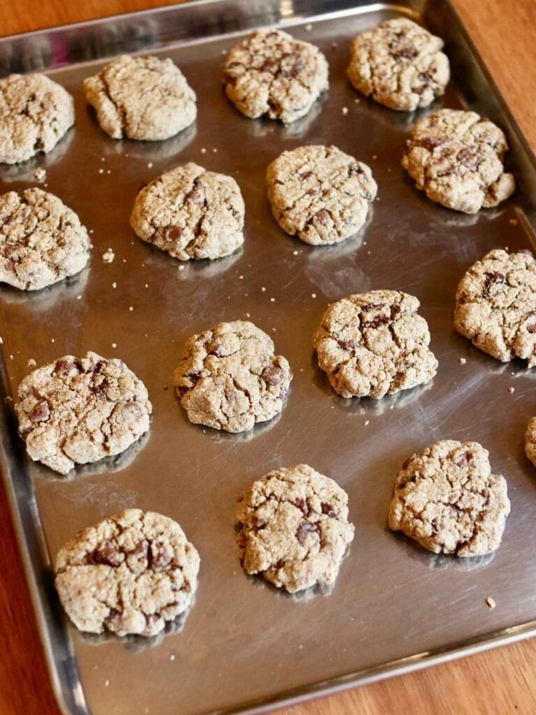 Baked oat flour chocolate chip cookies on a baking sheet.