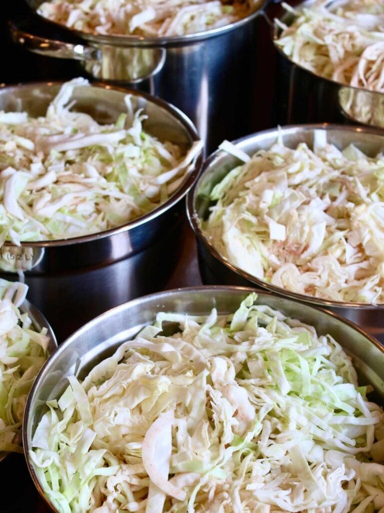 Side angle of bowls of sliced cabbage.
