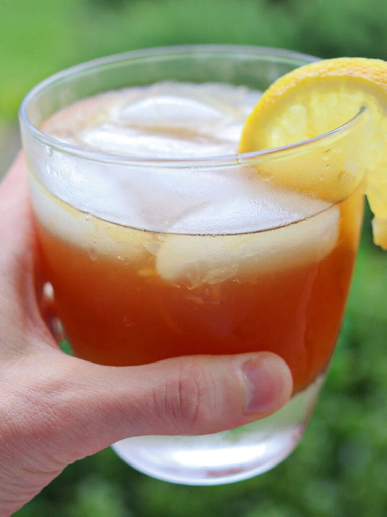 A hand holds a glass of healthy lemonade with a lemon slice on the rim. The drink has a refreshing appearance, with a green, blurred background suggesting a garden setting.