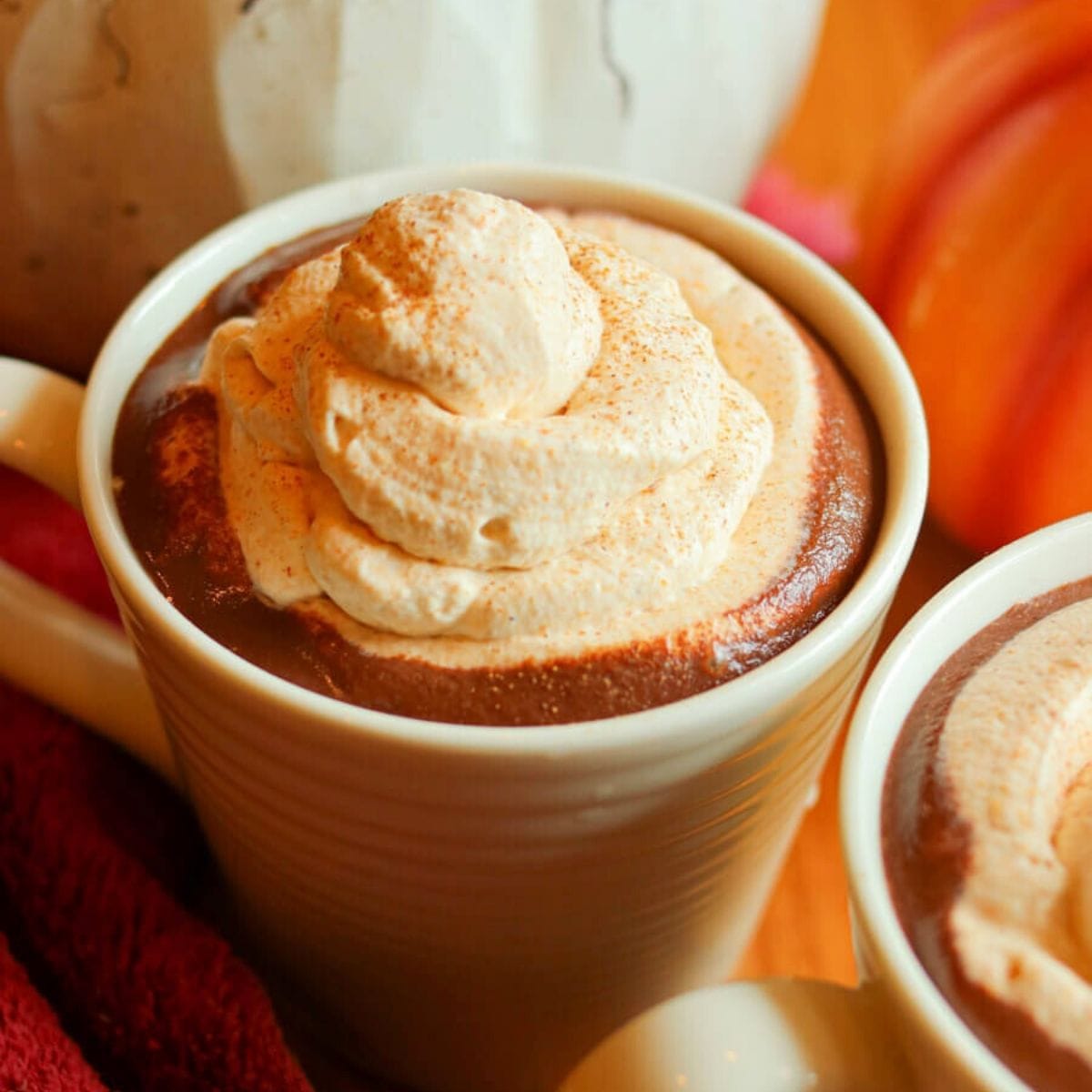Closeup of a cup of pumpkin spice hot chocolate topped with whipped cream.