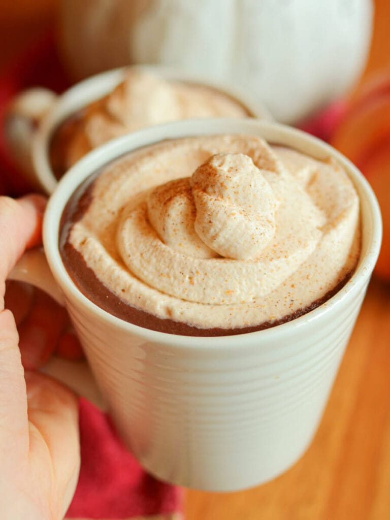 Hand holding a mug of hot chocolate with pumpkin spice.