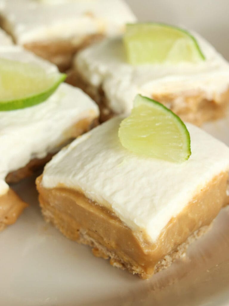 Closeup view of a gluten-free lime bar topped with whipped cream and a lime slice on a serving plate.