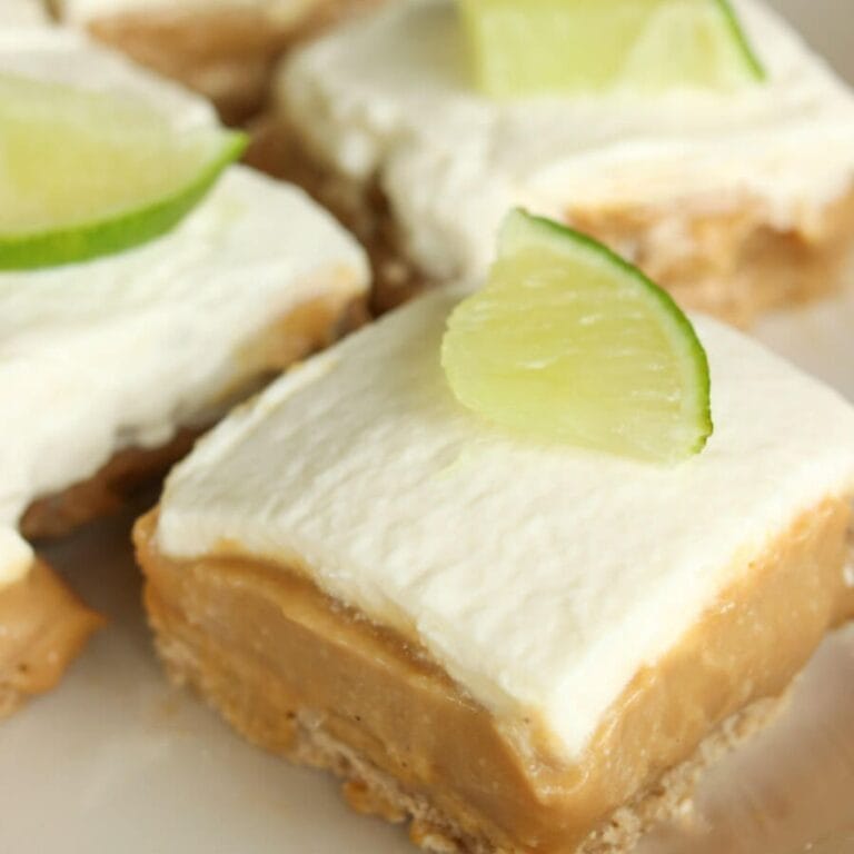 Closeup of a gluten-free lime bar topped with a fresh lime slice with more lime bars in the background.