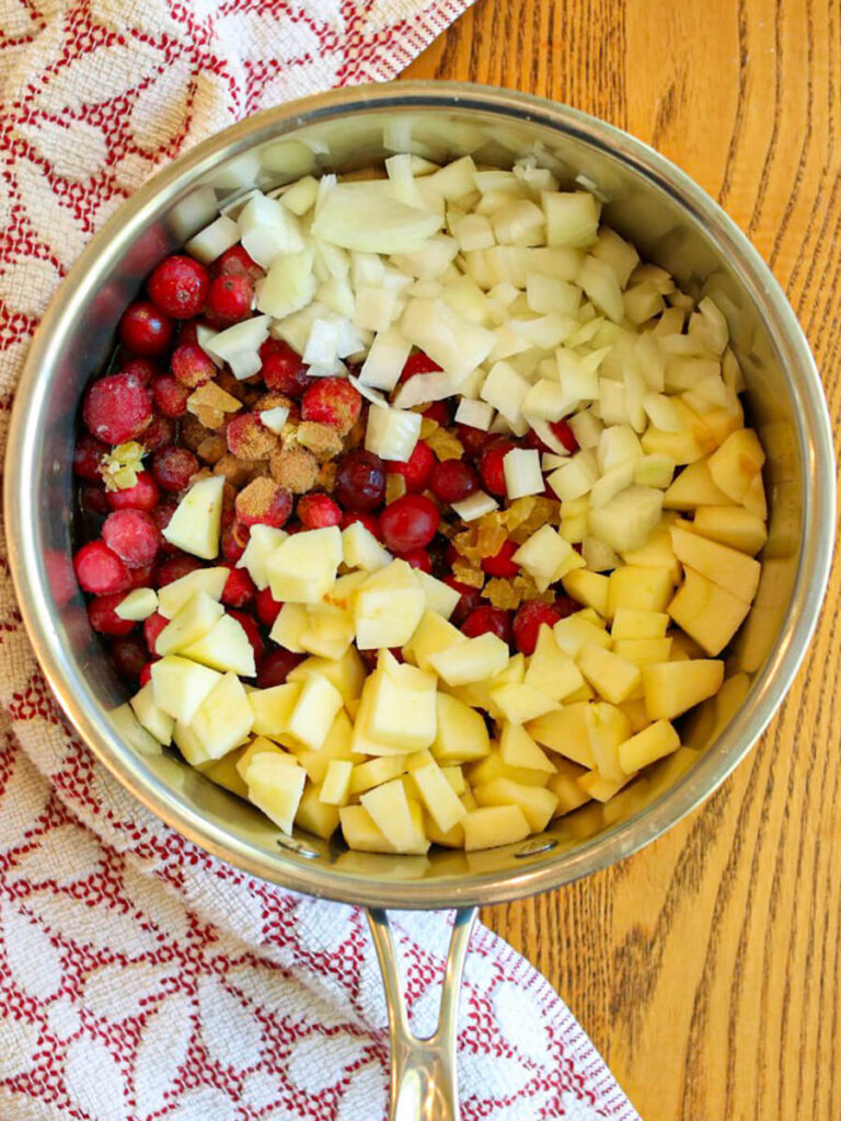 Chopped apples, cranberries, and other ingredients in a metal saucepan ready to cook.