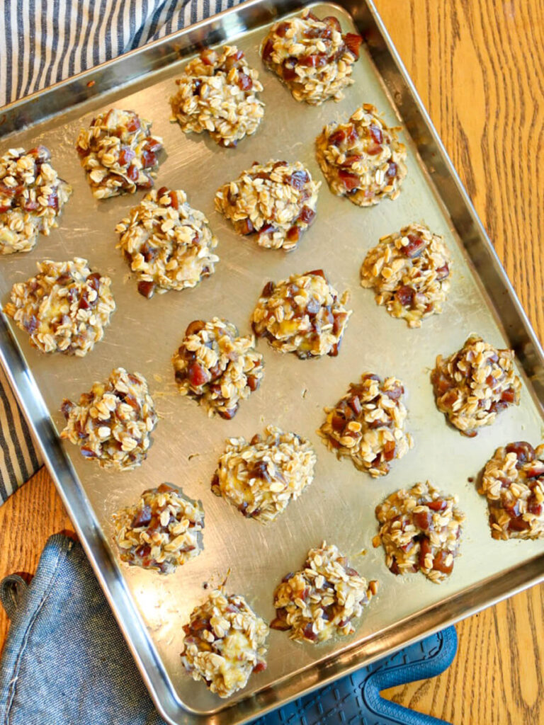 Baking sheet with banana date cookies right out of the oven.