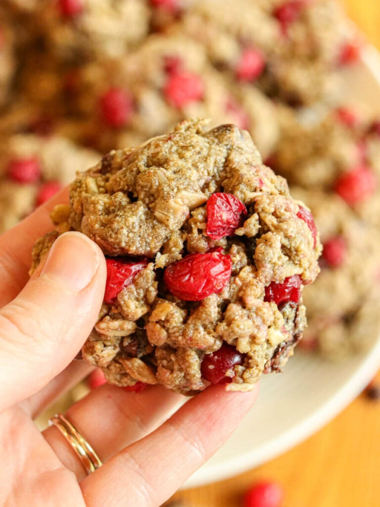 A hand holding an oatmeal cookie with cranberries and chocolate chips above a plate of cookies.