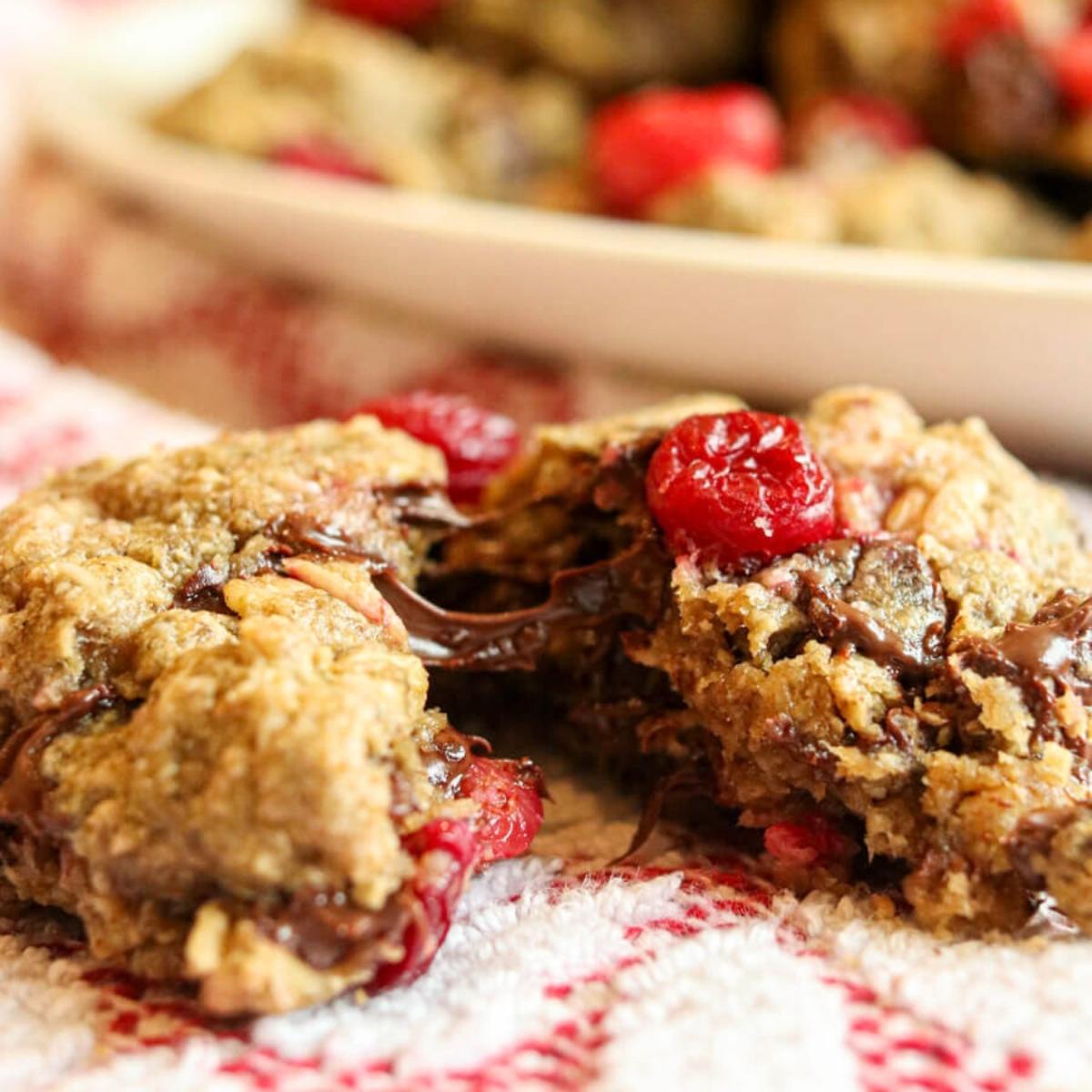 Close up of a chocolate chip cranberry oatmeal cookie split in half showing soft texture and melted chocolate.