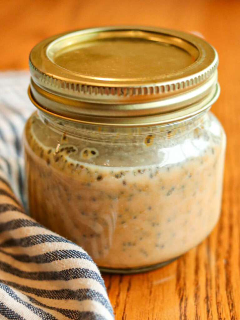 Chia seed and pumpkin mixture in a small mason jar.