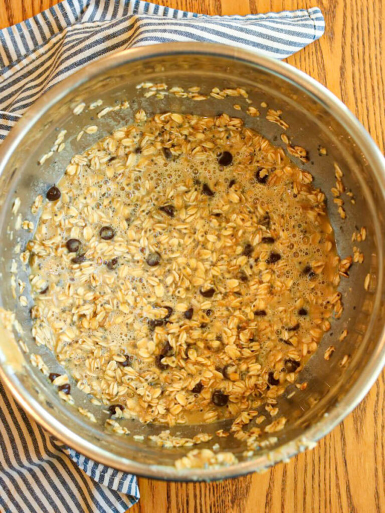 Mixing bowl with chocolate baked oatmeal batter.