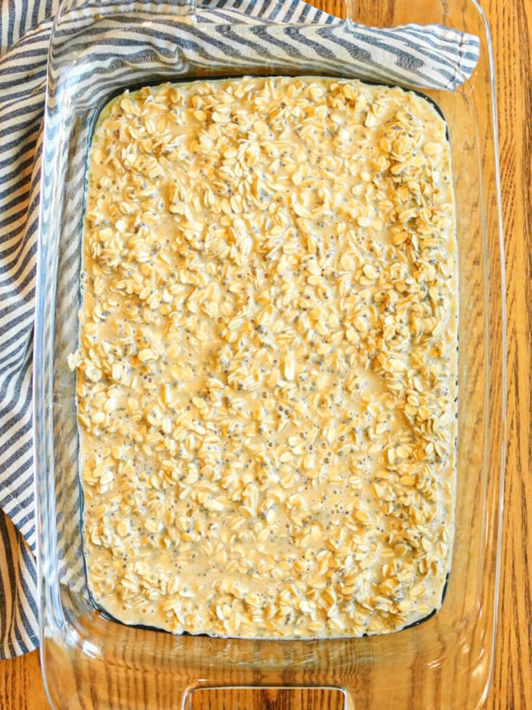 Unbaked peanut butter oatmeal in a baking dish.