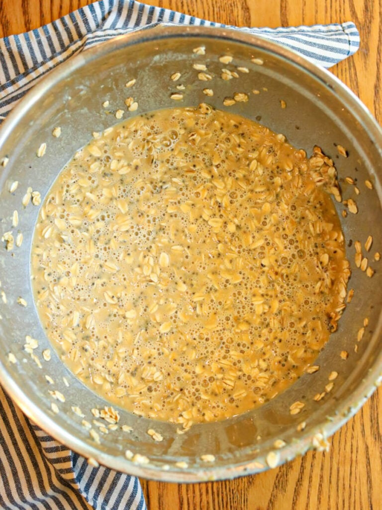 Mixing bowl with peanut butter baked oatmeal batter.