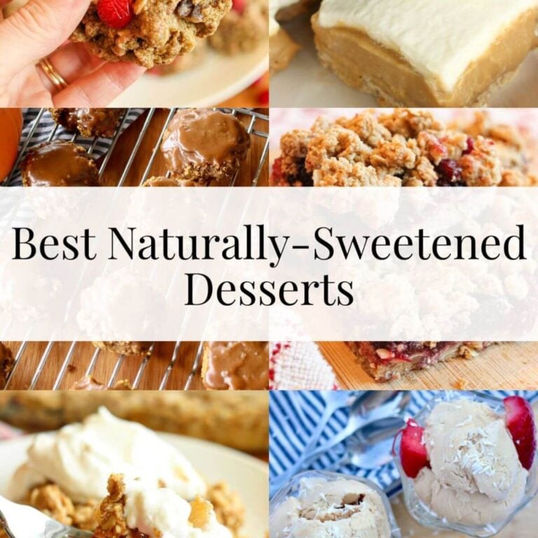 Photo collage of six of the best naturally-sweetened desserts including ice cream, apple crisp, dessert bars, and cookies.