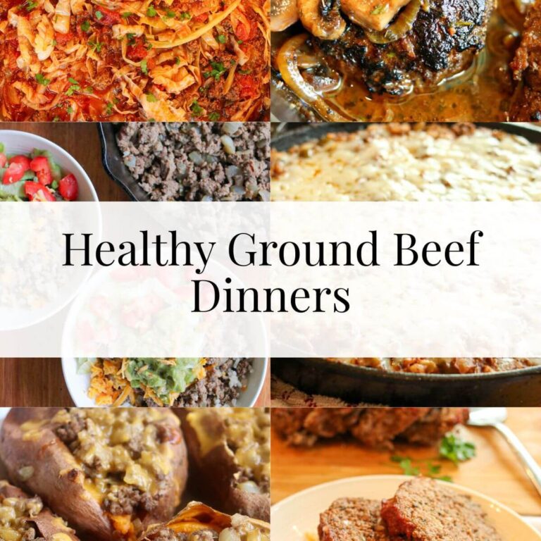 Collage of various ground beef dinner recipes with text overlay: healthy ground beef dinners.