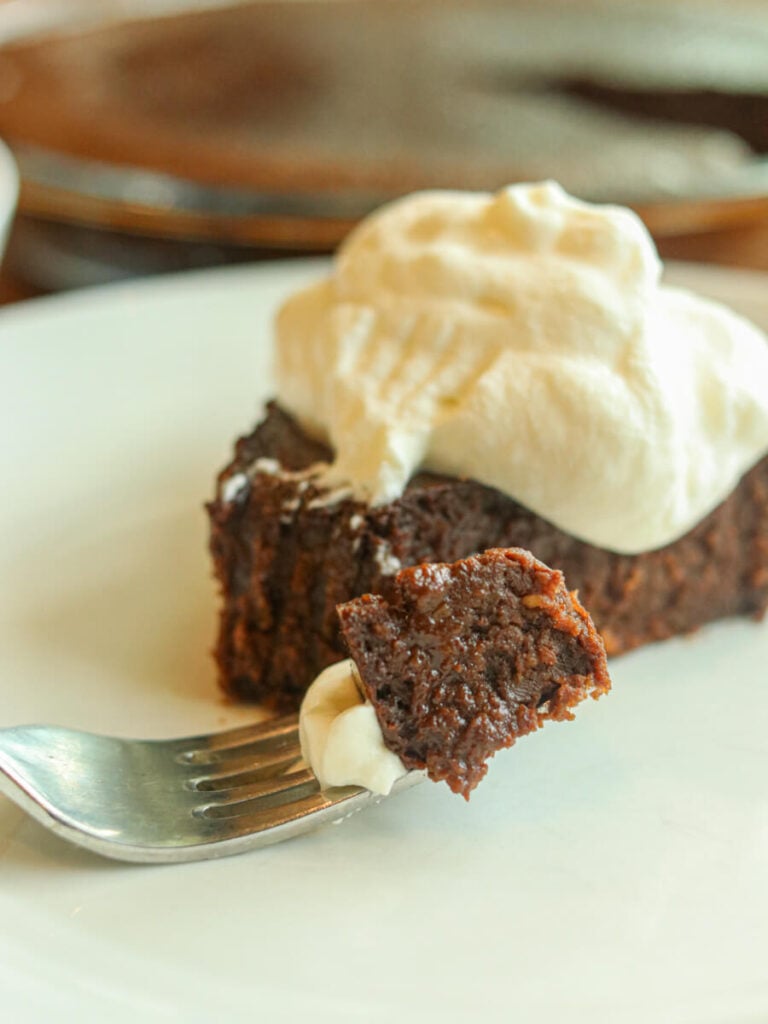 Slice of oat flour fudge  pie topped with whipped cream and a bite on a fork.