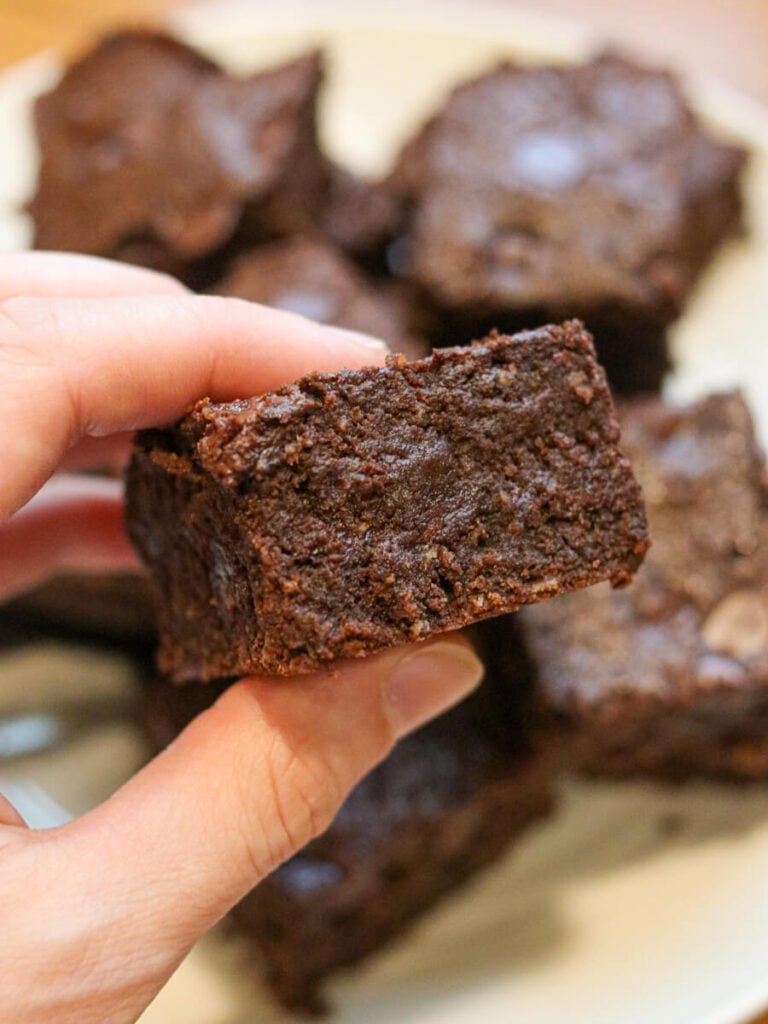 Hand holding oat flour brownie so you can see fudgy texture.